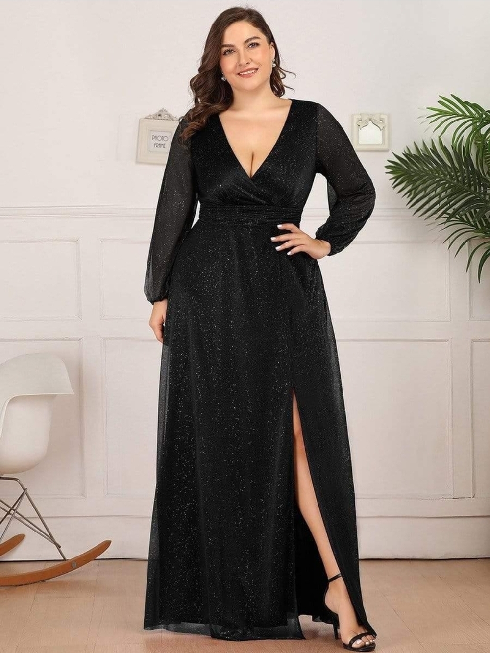 Ever Pretty Black Sparkle V-Neck Long Sleeve Evening Gown